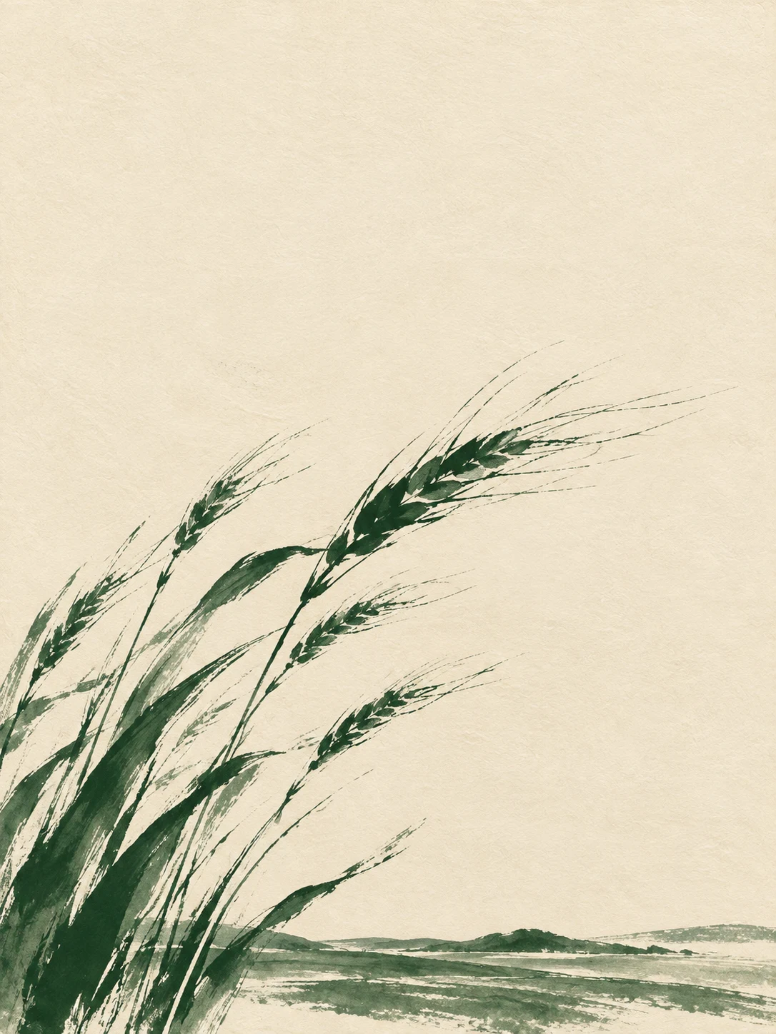 A bunch of wheat stalks in cream, olive, stone; portrait artwork.