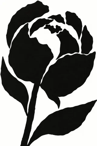 A peony bud half open in black, white, cream; portrait artwork.