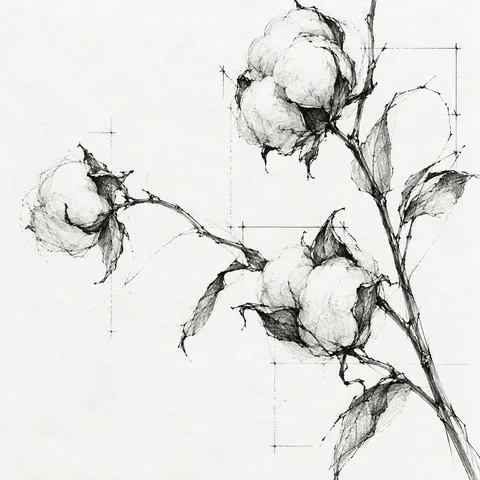 A stem of cotton with open bolls in white, cream, gray; square artwork.