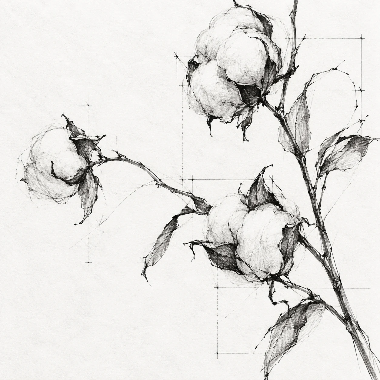 A stem of cotton with open bolls in white, cream, gray; square artwork.