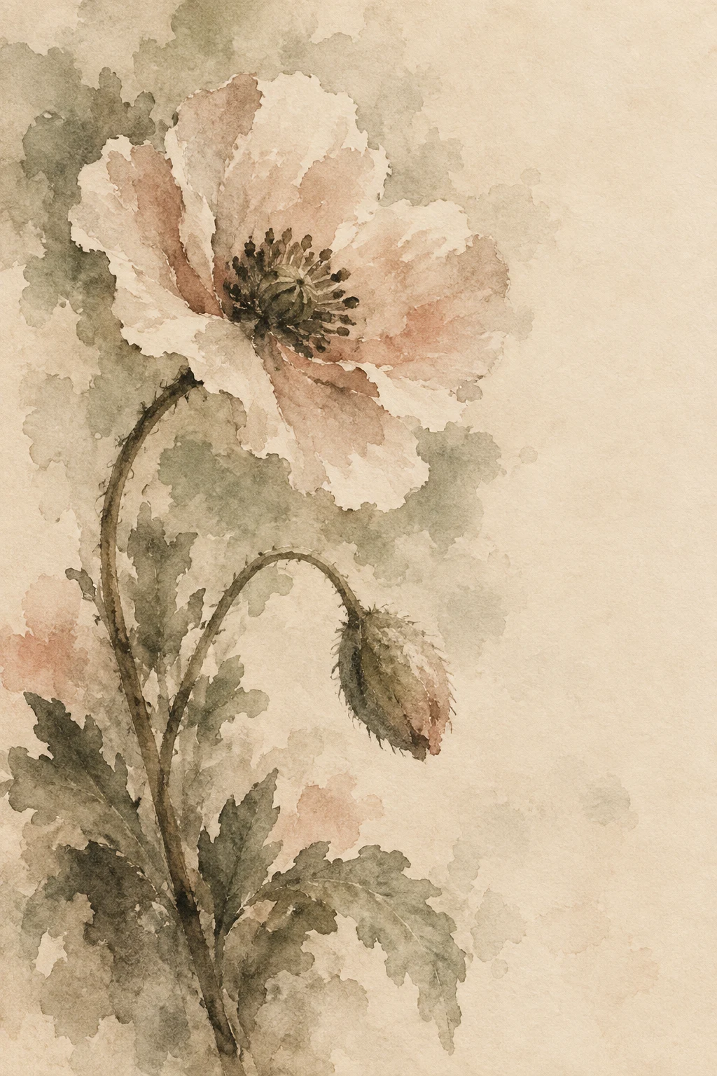 A poppy with a curved stem in cream, sage, stone, sand; portrait artwork.