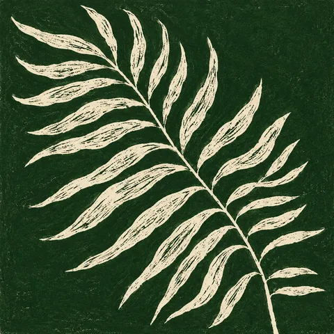 A single fern frond in forest green, black, cream, sage; square artwork.
