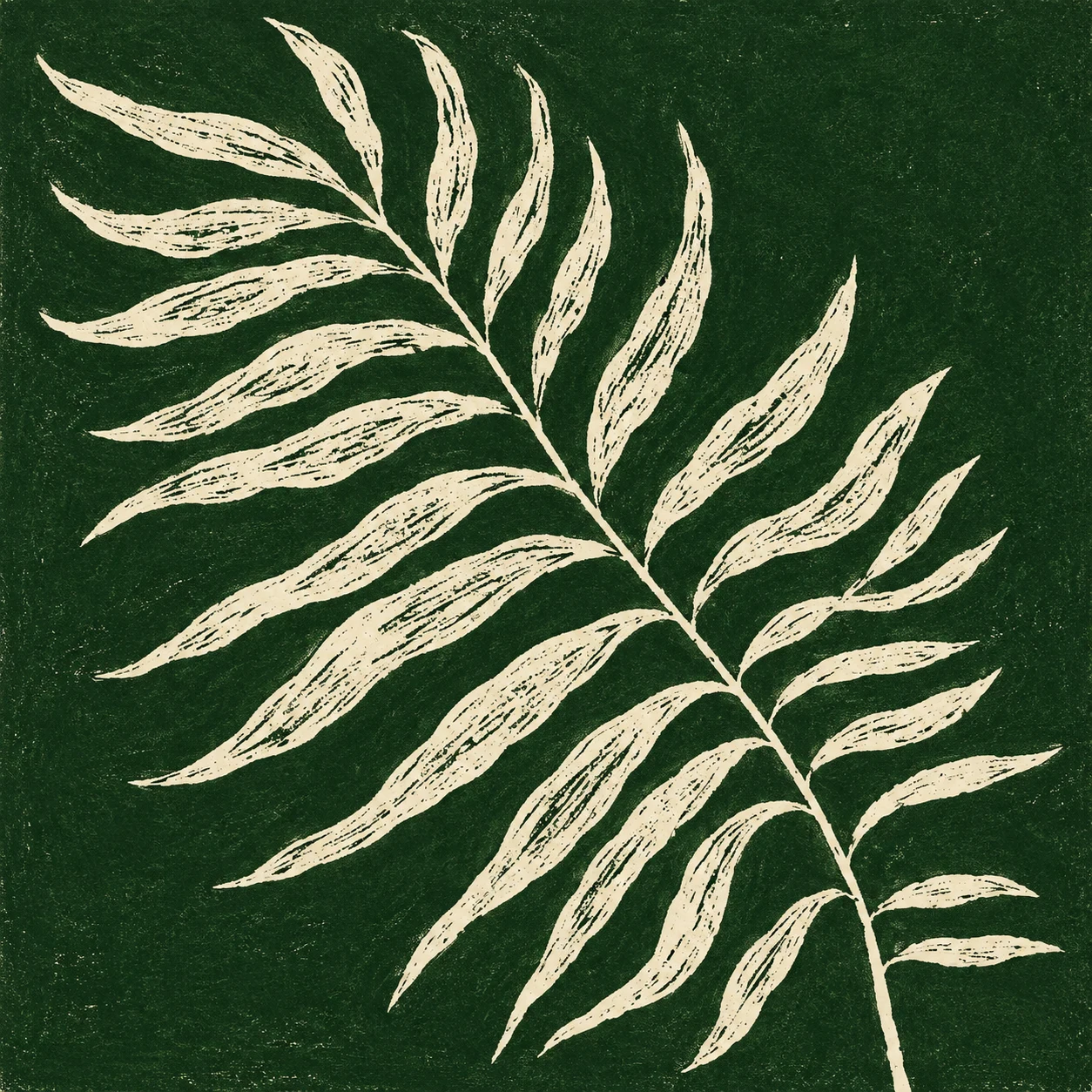 A single fern frond in forest green, black, cream, sage; square artwork.
