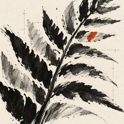 A single fern frond in white, black, cream, sand; square artwork.