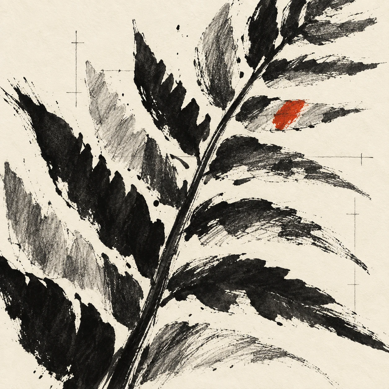 A single fern frond in white, black, cream, sand; square artwork.