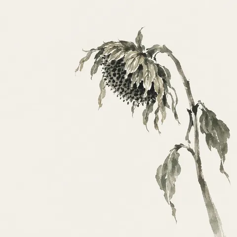 A sunflower head gone to seed in white, gray; square artwork.