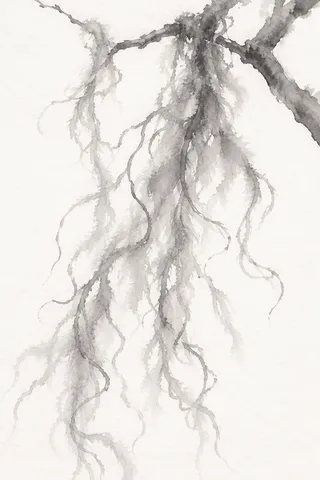 A strand of Spanish moss on a short branch in white, cream, gray; portrait artwork.