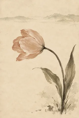 A single tulip bending in cream, stone, taupe; portrait artwork.
