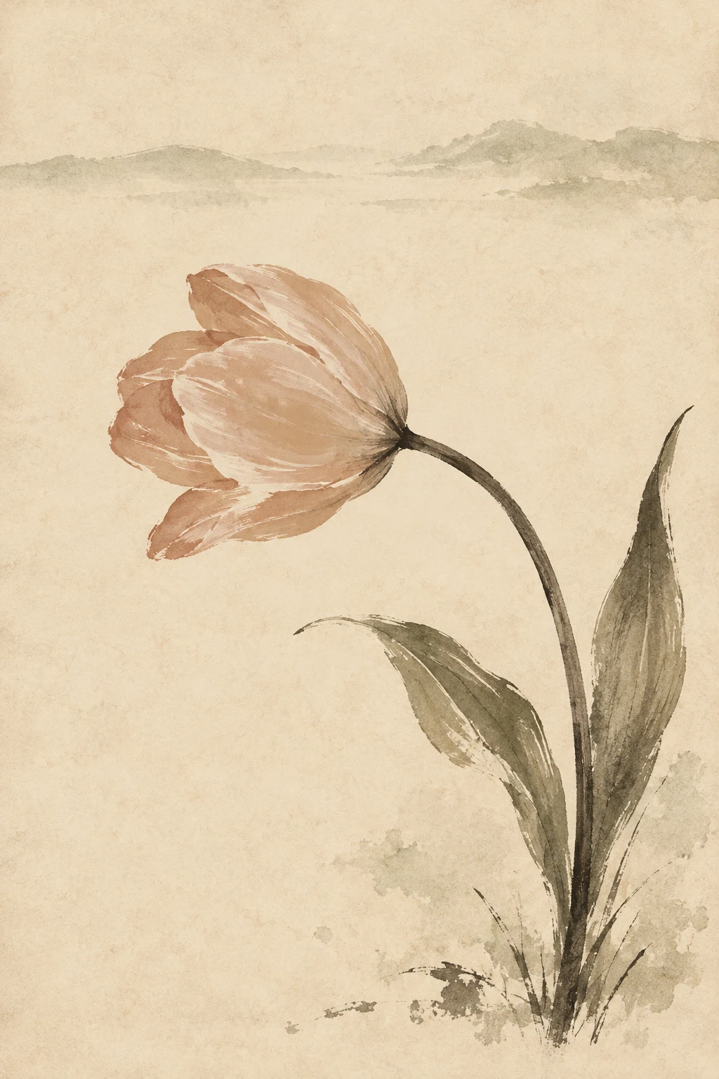 A single tulip bending in cream, stone, taupe; portrait artwork.