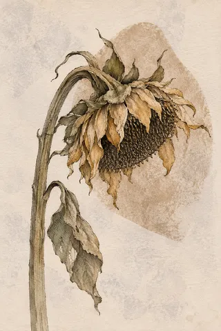 A sunflower head gone to seed in cream, sand, sage, olive; portrait artwork.