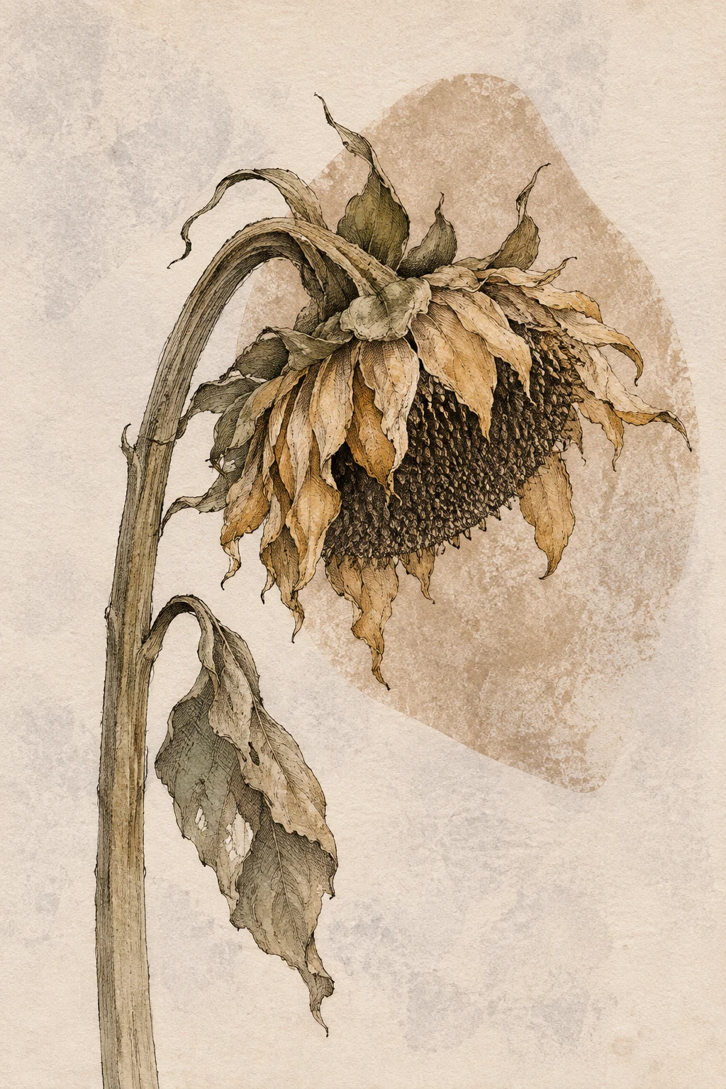A sunflower head gone to seed in cream, sand, sage, olive; portrait artwork.