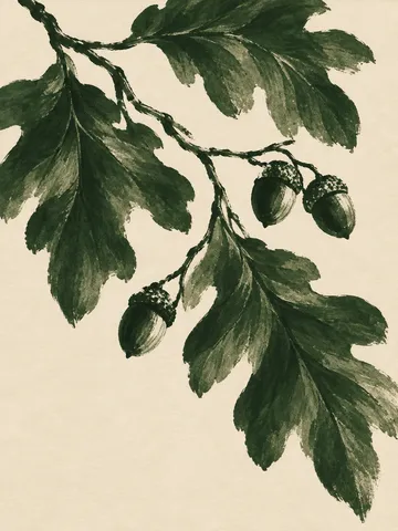 A branch of oak leaves with acorns in cream, forest green, green, sage; portrait artwork.