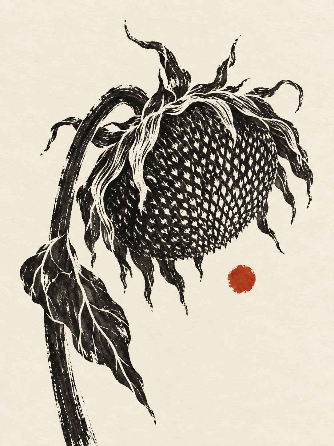 A sunflower head gone to seed in white, charcoal, black, gray; portrait artwork.