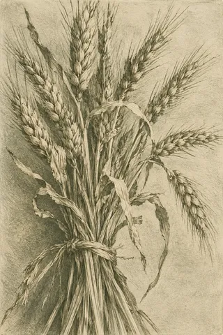A bundle of dried wheat in stone, sand, taupe, sage; portrait artwork.