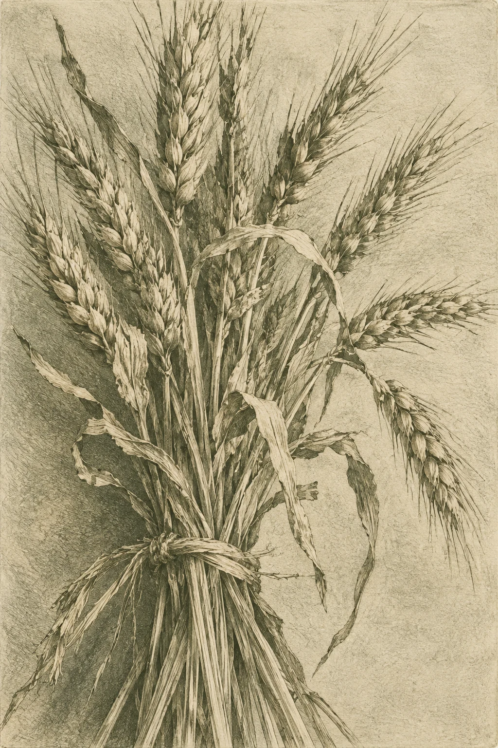 A bundle of dried wheat in stone, sand, taupe, sage; portrait artwork.