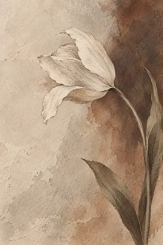 A single tulip bending in stone, sand, brown, taupe; portrait artwork.