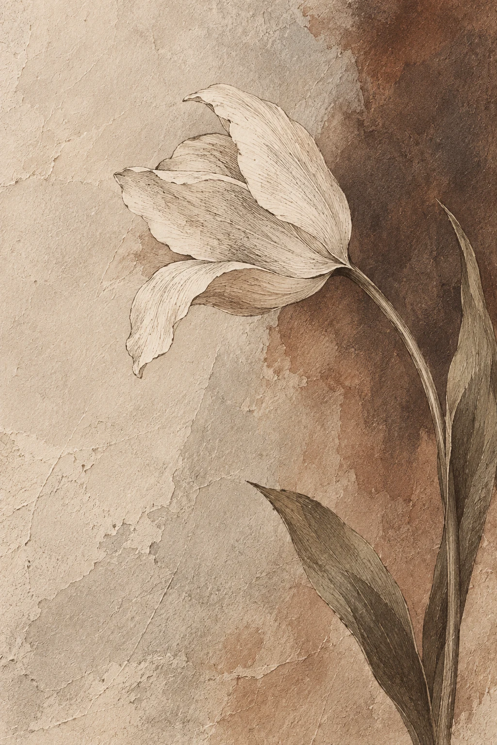 A single tulip bending in stone, sand, brown, taupe; portrait artwork.