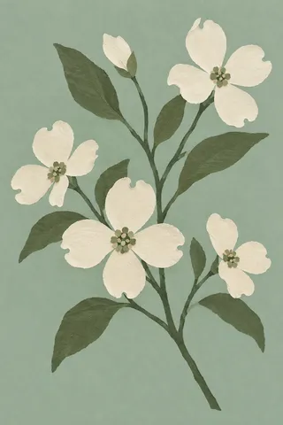 A branch of dogwood in flower in gray, sky blue, sage, cream; portrait artwork.