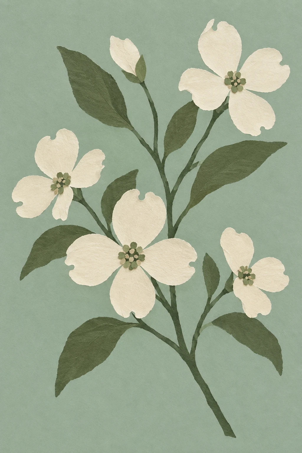 A branch of dogwood in flower in gray, sky blue, sage, cream; portrait artwork.
