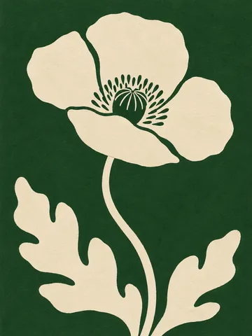 A poppy with a curved stem in forest green, cream, stone, green; portrait artwork.