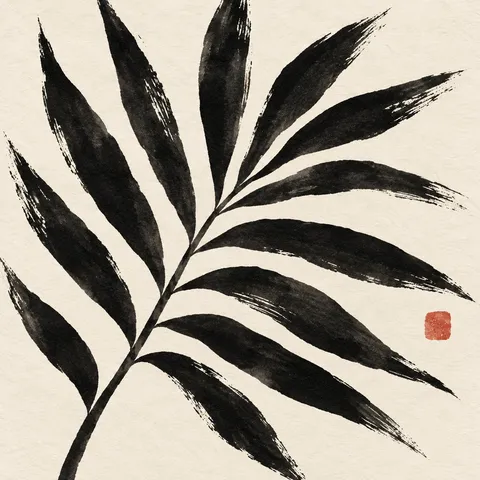 A palm frond in cream, black, white, charcoal; square artwork.