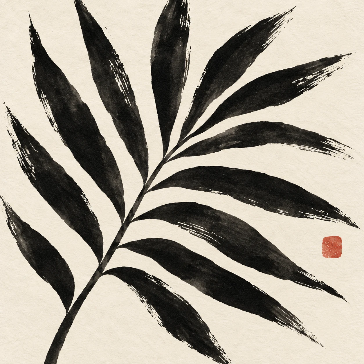A palm frond in cream, black, white, charcoal; square artwork.
