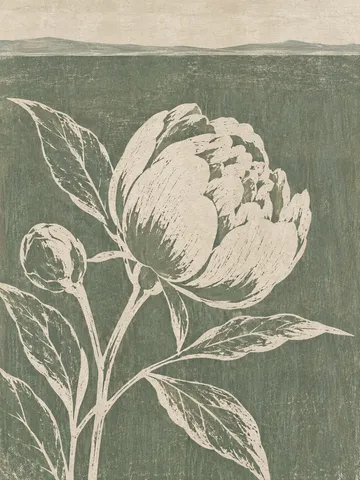 A peony bud half open in taupe, cream, sand, sage; portrait artwork.