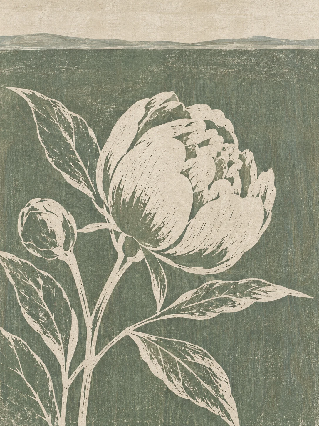 A peony bud half open in taupe, cream, sand, sage; portrait artwork.