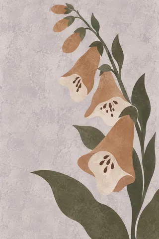 A stem of foxglove in stone, brown, cream, taupe; portrait artwork.