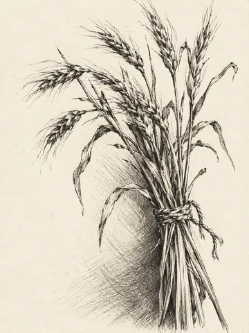 A bundle of dried wheat in white, cream, gray, olive; portrait artwork.