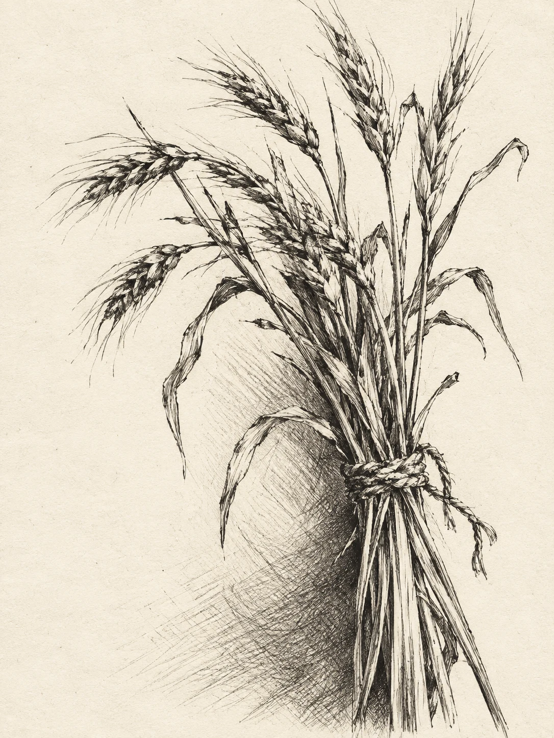 A bundle of dried wheat in white, cream, gray, olive; portrait artwork.