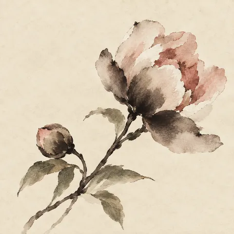A peony bud half open in cream, taupe; square artwork.