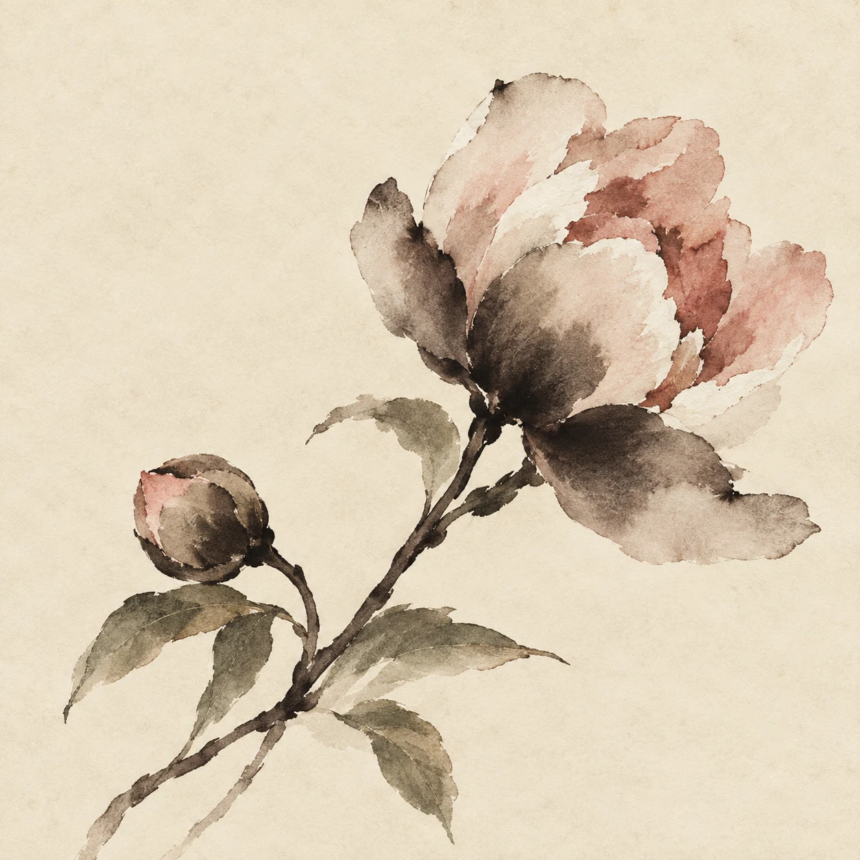 A peony bud half open in cream, taupe; square artwork.