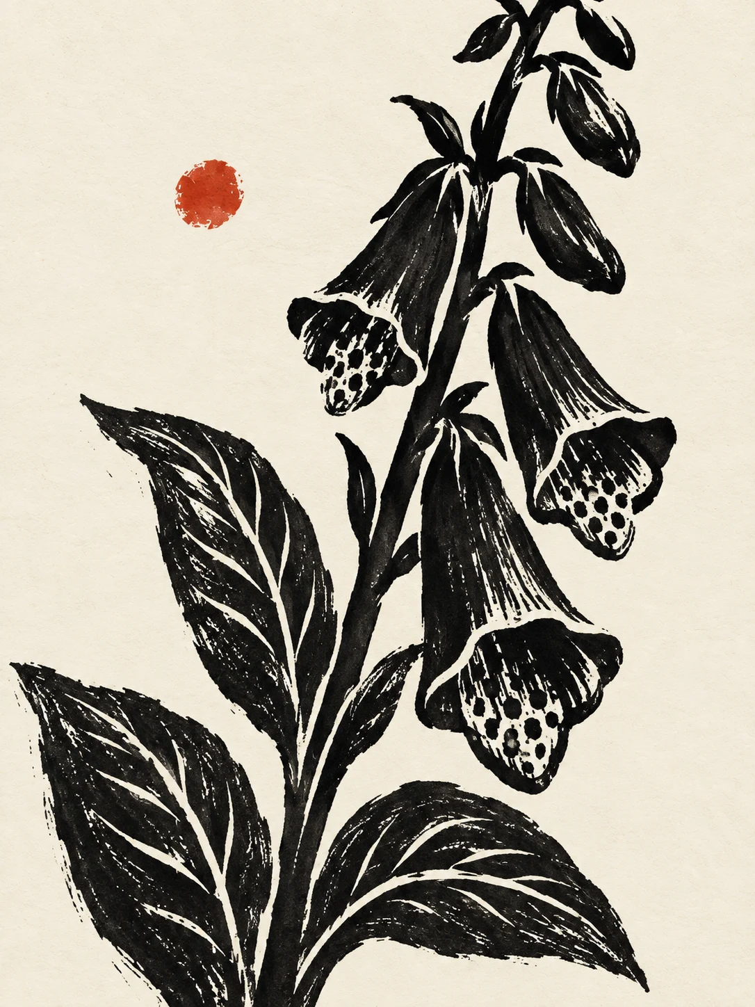 A stem of foxglove in white, black, charcoal, stone; portrait artwork.