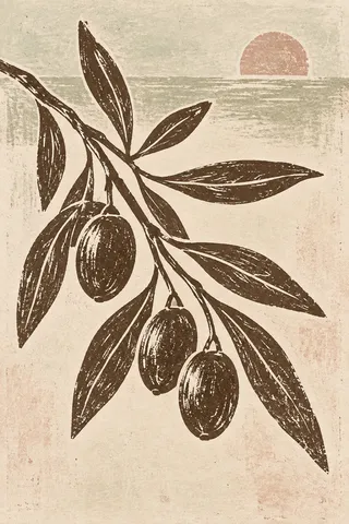 An olive branch with three olives in cream, brown, olive, sand; portrait artwork.