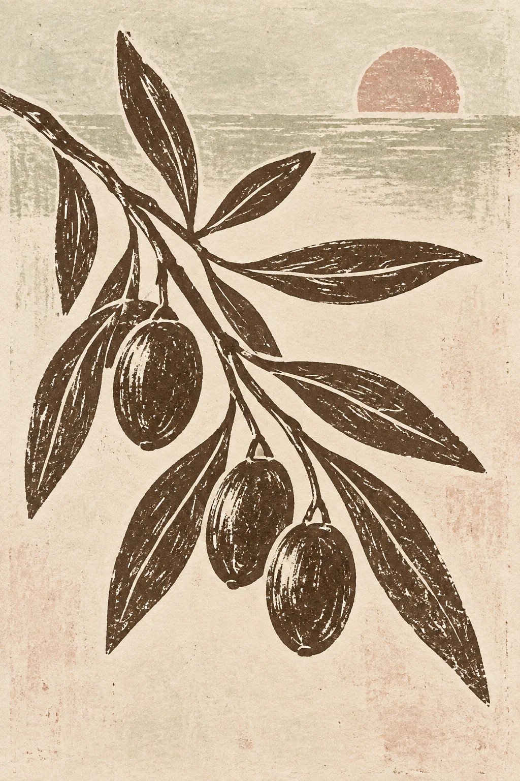 An olive branch with three olives in cream, brown, olive, sand; portrait artwork.