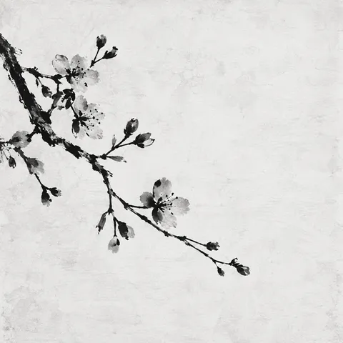 A branch of cherry blossom in cream, white, gray; square artwork.