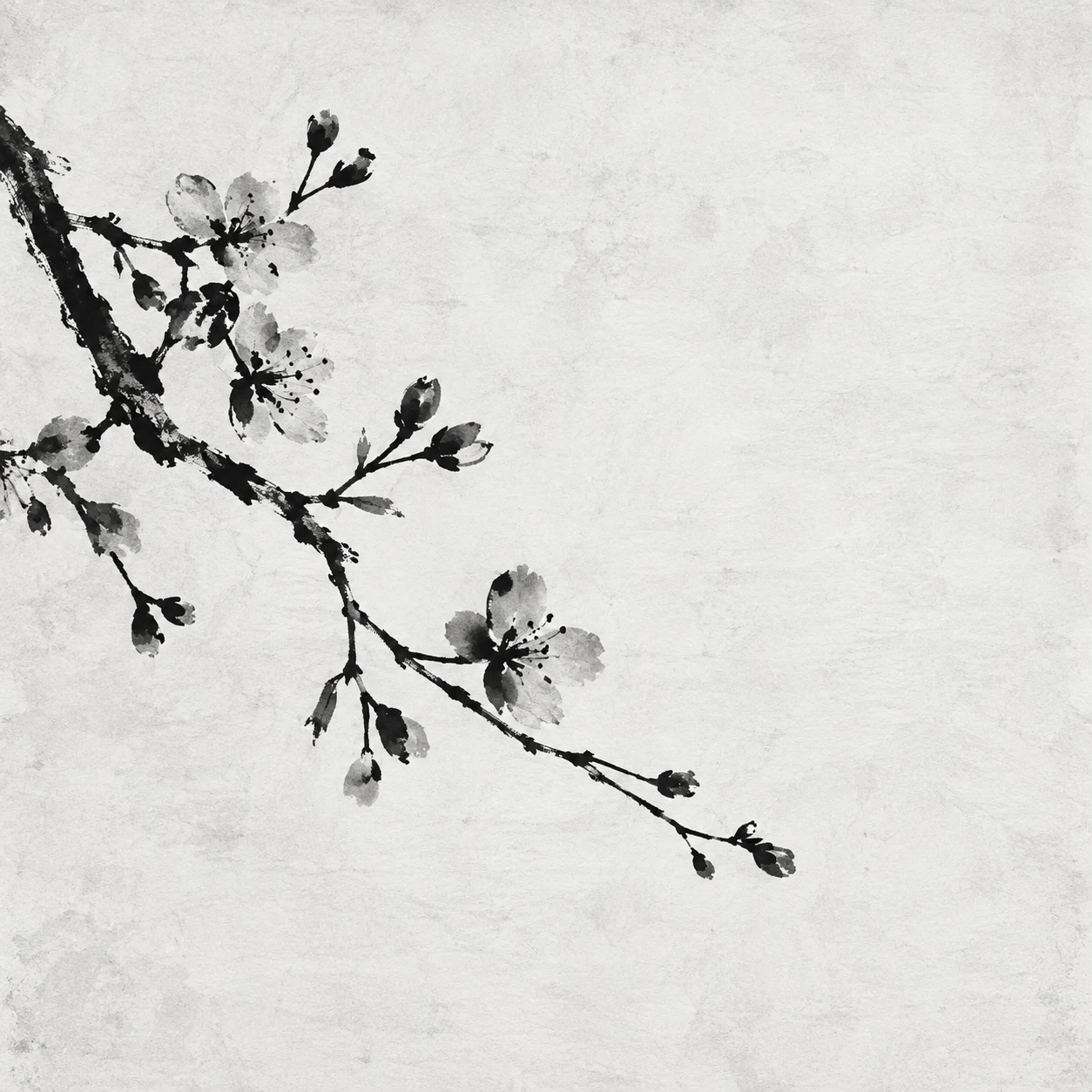 A branch of cherry blossom in cream, white, gray; square artwork.