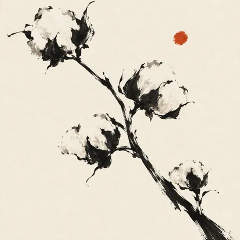 A stem of cotton with open bolls in white, charcoal, cream; square artwork.