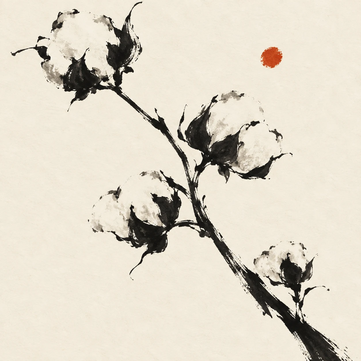 A stem of cotton with open bolls in white, charcoal, cream; square artwork.