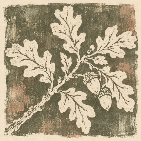 A branch of oak leaves with acorns in cream, taupe, olive, sand; square artwork.