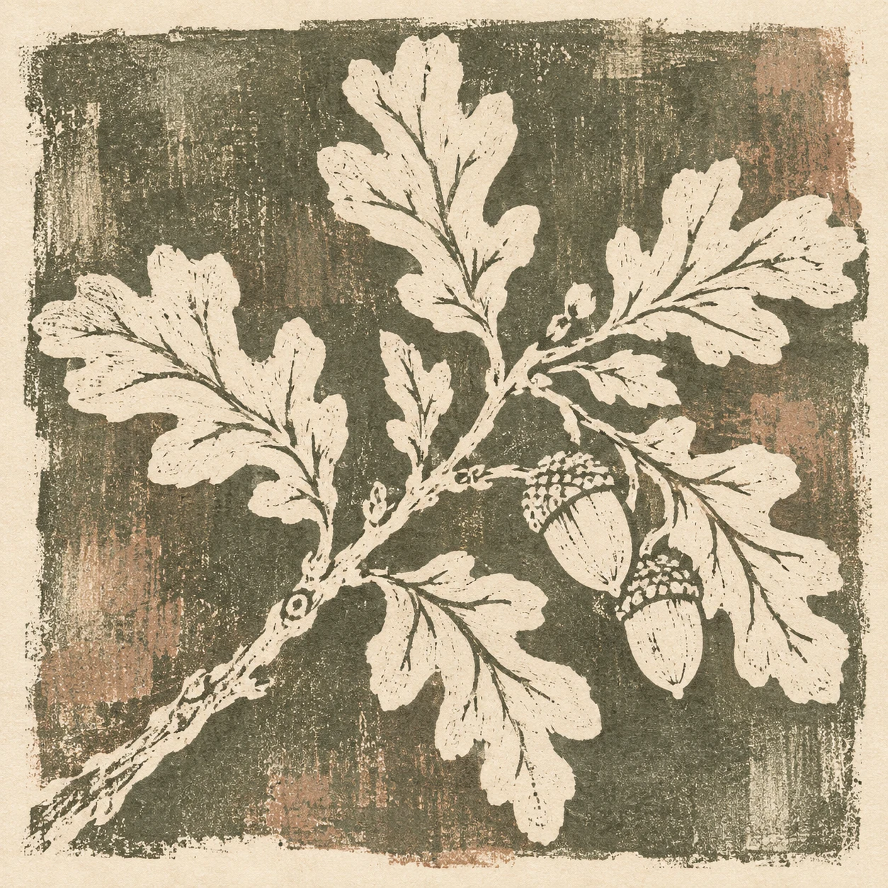 A branch of oak leaves with acorns in cream, taupe, olive, sand; square artwork.