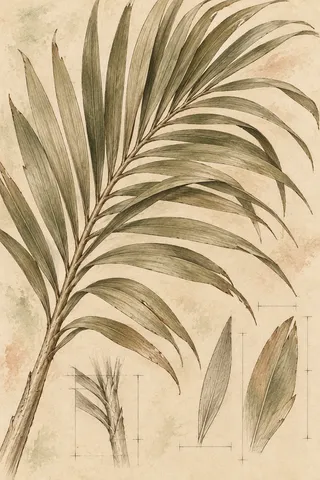 A palm frond in cream, sand, sage, stone; portrait artwork.