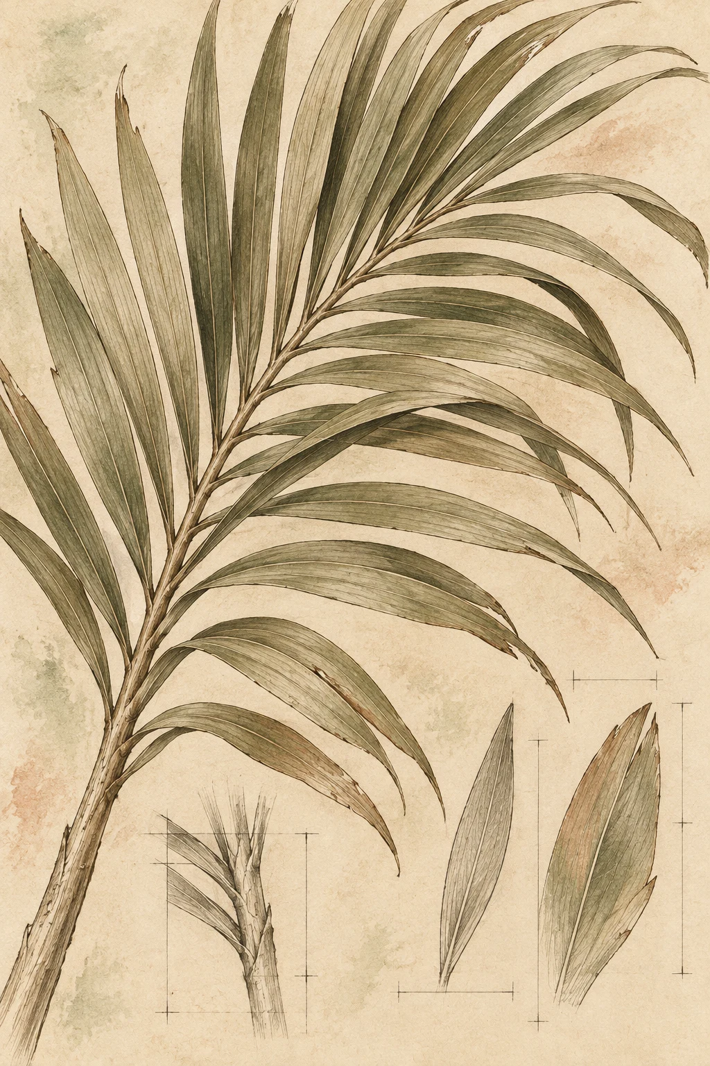 A palm frond in cream, sand, sage, stone; portrait artwork.