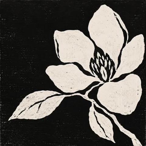 A magnolia blossom with two leaves in black, cream, gray; square artwork.