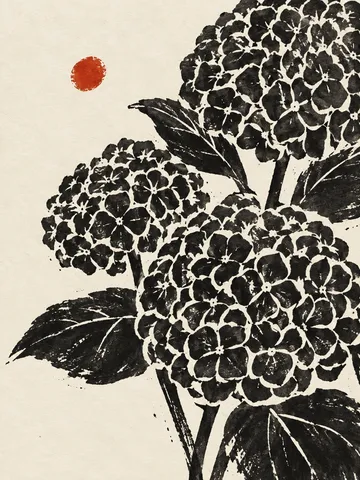 A cluster of hydrangea in cream, black, gray, charcoal; portrait artwork.