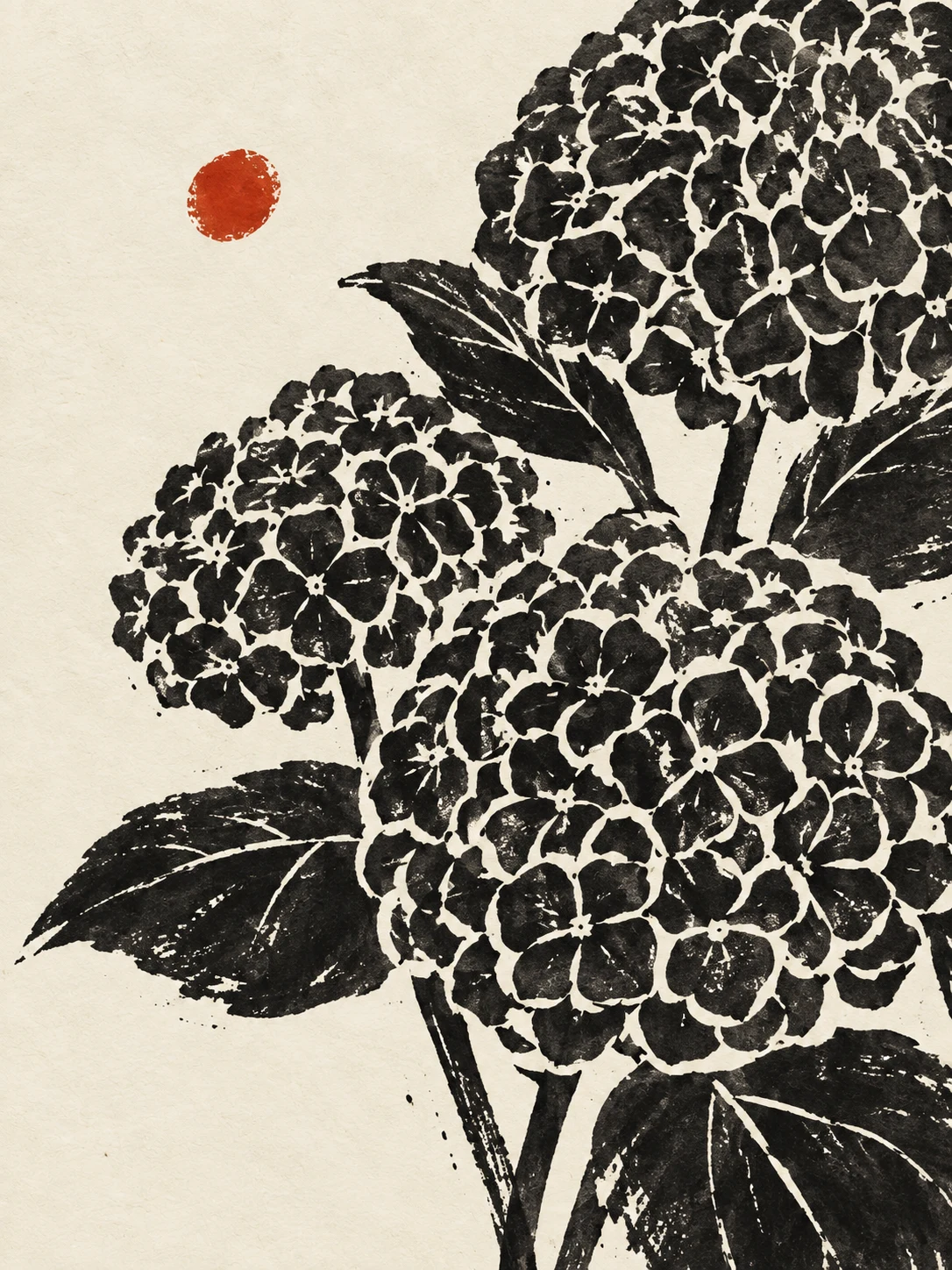 A cluster of hydrangea in cream, black, gray, charcoal; portrait artwork.