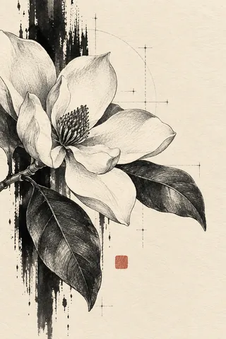 A magnolia blossom with two leaves in cream, black, gray, stone; portrait artwork.