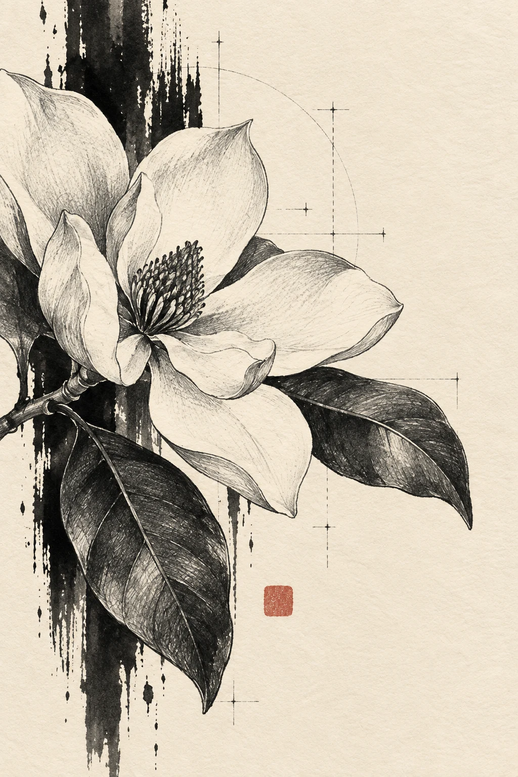 A magnolia blossom with two leaves in cream, black, gray, stone; portrait artwork.