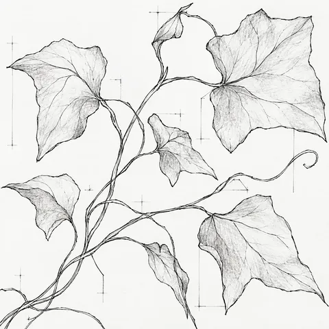 A trailing ivy stem in white, cream, stone; square artwork.